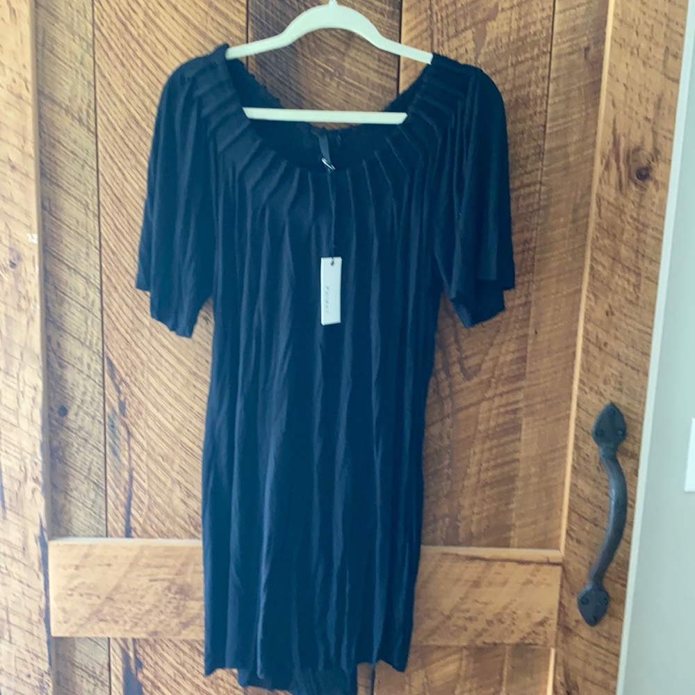 LBD by Poleci (sm) with attached black slip dress; NWT; pleated at collar